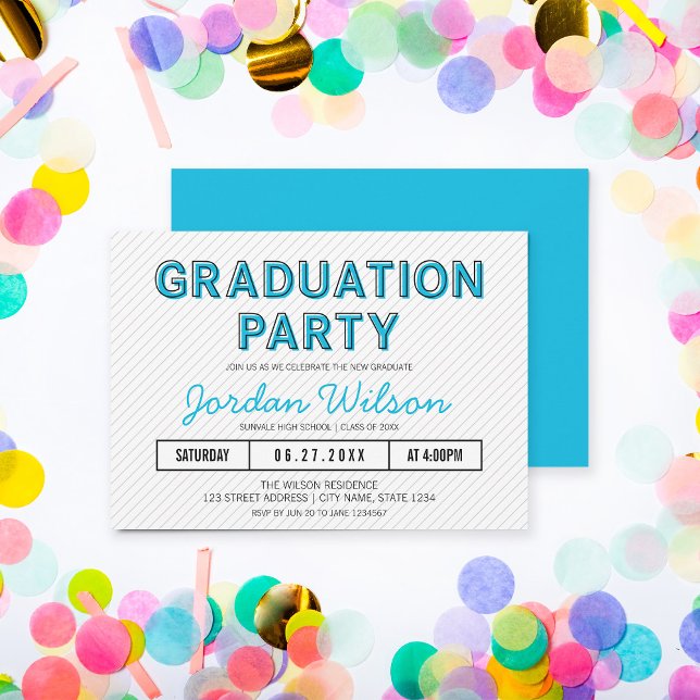 Invitación Partido de Graduación Azul de Rayas Modernas (Subido por el creador)