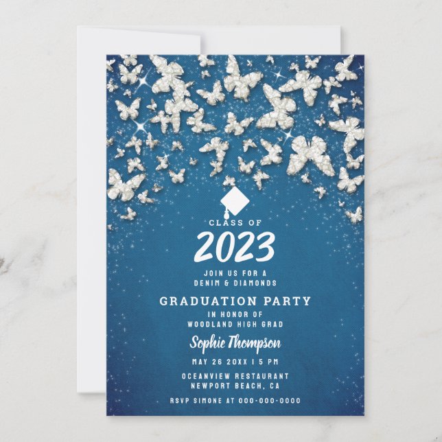 Invitación Partido de Graduación Azul Denim Diamonds Butterfl (Anverso)