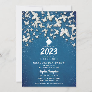 Invitación Partido de Graduación Azul Denim Diamonds Butterfl