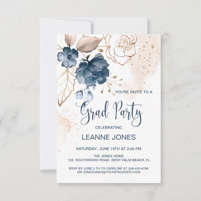 Invitación Partido de Graduación azul marino floral (Anverso)