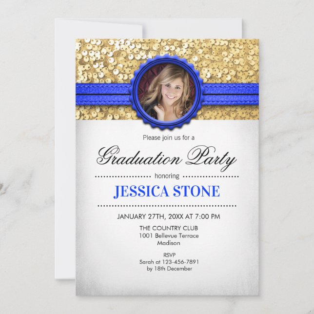 Invitación Partido de Graduación - Azul real blanco dorado -  (Anverso)