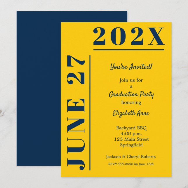 Invitación Partido de graduación azul y amarillo (Anverso / Reverso)
