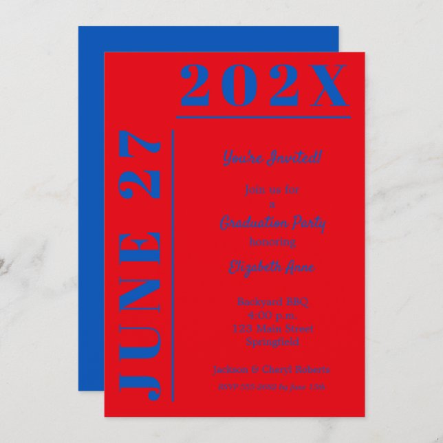 Invitación Partido de Graduación Azul y Crimson (Anverso / Reverso)