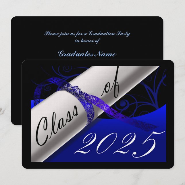 Invitación Partido de Graduación Azul y Negro (Anverso / Reverso)