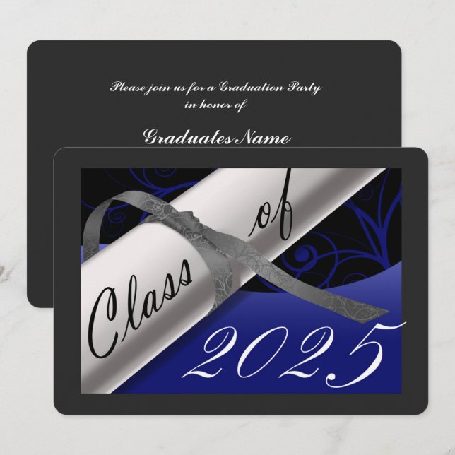 Invitación Partido de Graduación Azul y Plata (Anverso / Reverso)