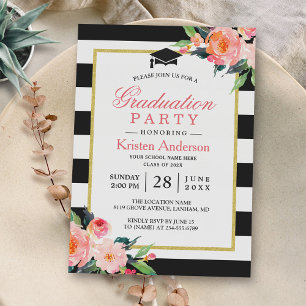 Invitación Partido de Graduación Bandas Negras Florales Moder