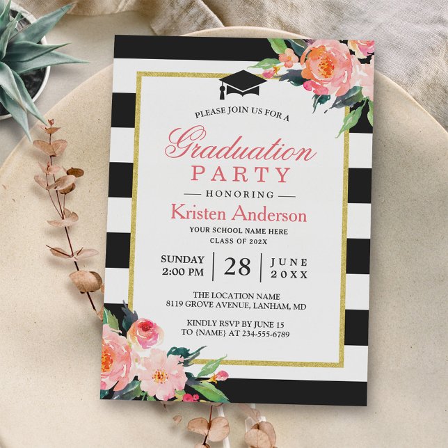 Invitación Partido de Graduación Bandas Negras Florales Moder (Subido por el creador)