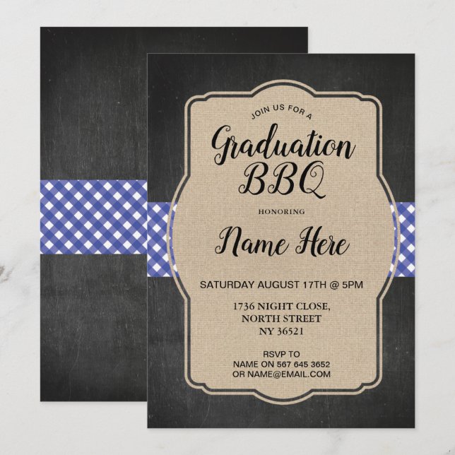 Invitación Partido de Graduación BBQ invitar a Blue Gingham B (Anverso / Reverso)