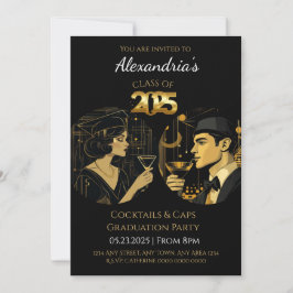 Invitación Partido de Graduación Black Gold Cocktail & Caps 2