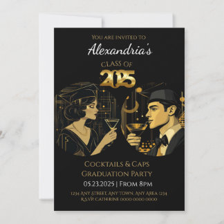 Invitación Partido de Graduación Black Gold Cocktail & Caps 2