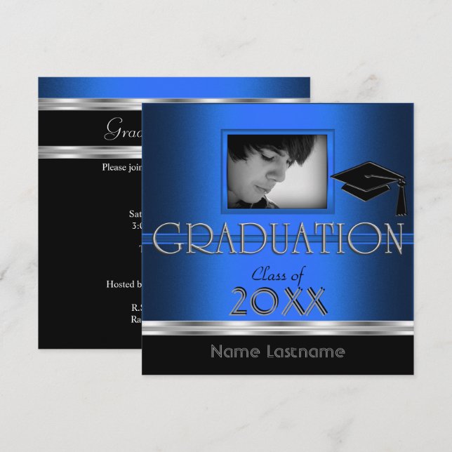 Invitación Partido de Graduación Black Silver Blue Photo Boy (Anverso / Reverso)