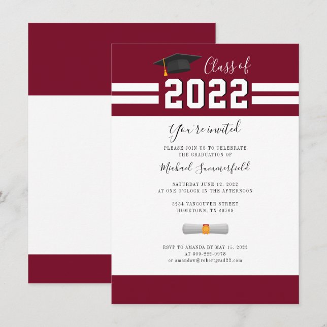 Invitación Partido de Graduación Blanca de Borgoña de 2025 (Anverso / Reverso)