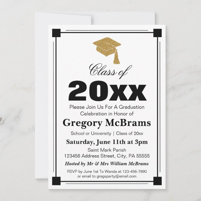 Invitación Partido de Graduación Blanca de Estilo Art Decó (Anverso)