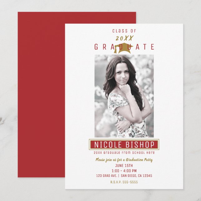 Invitación Partido de Graduación Blanca de Oro Rojo Marrón (Anverso / Reverso)