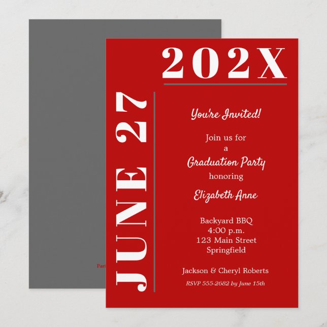 Invitación Partido de Graduación Blanca Gris Escarlata (Anverso / Reverso)