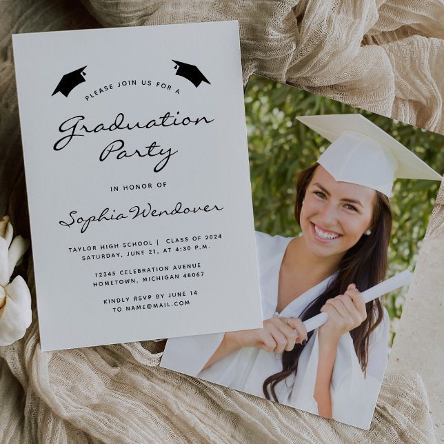 Invitación Partido de Graduación Blanca Negra de Foto Moderna (Subido por el creador)