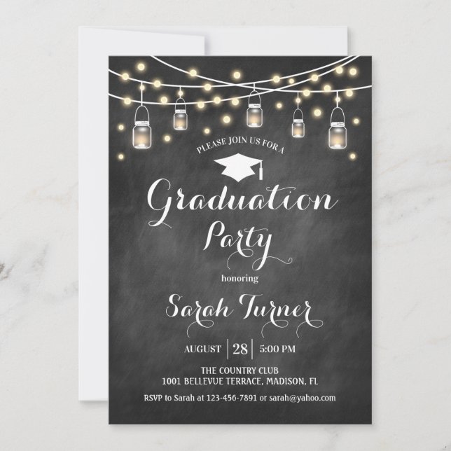 Invitación Partido de Graduación - Blanco Negro Chalkboard (Anverso)