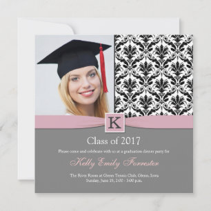 Invitación Partido de graduación blanco negro Monograma Damas