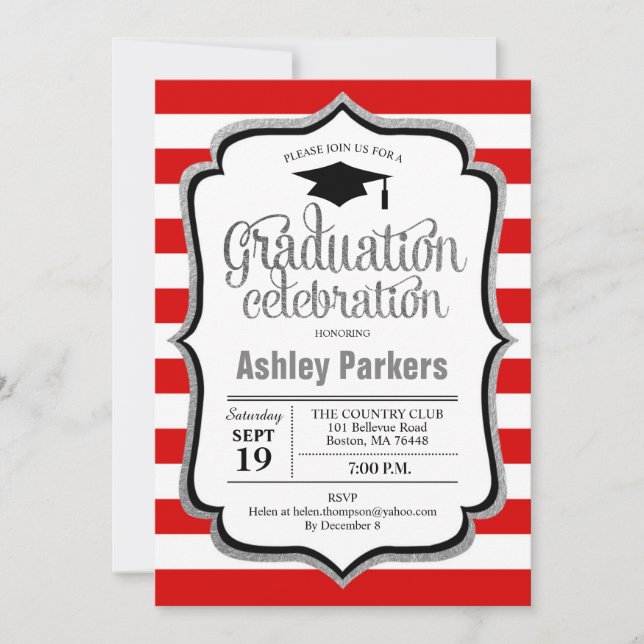 Invitación Partido de Graduación - Blanco negro plateado rojo (Anverso)