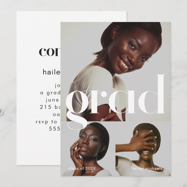Invitación Partido de Graduación Blanco Negro y Collage de fo (Anverso / Reverso)