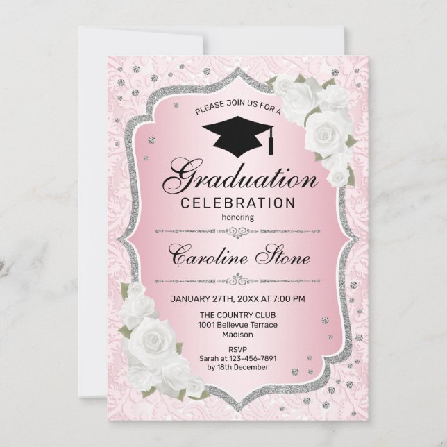Invitación Partido de Graduación - Blanco Rosa de Oro Rosa (Anverso)