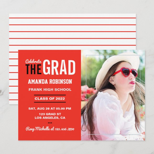 Invitación Partido de Graduación Blanco y Rojo Brillante (Anverso / Reverso)