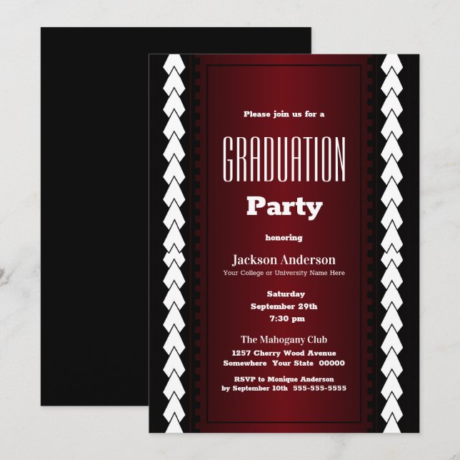 Invitación Partido de Graduación Blanco y Rojo Negro (Anverso / Reverso)