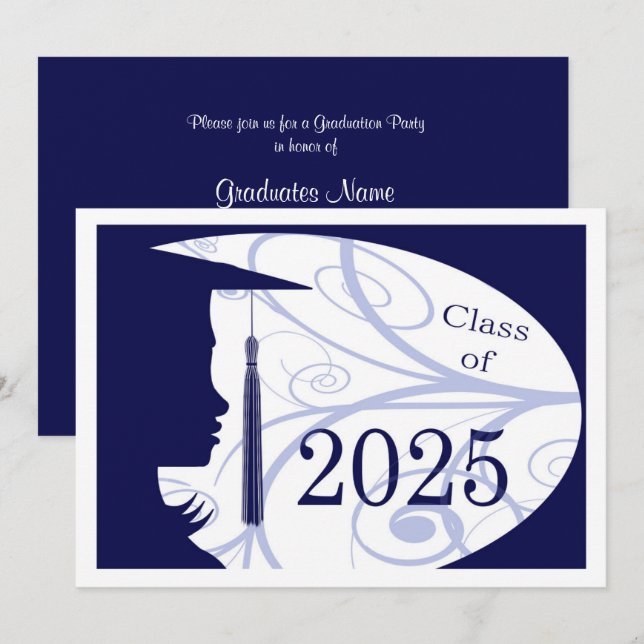 Invitación Partido de Graduación Blue and White Silhouette 20 (Anverso / Reverso)