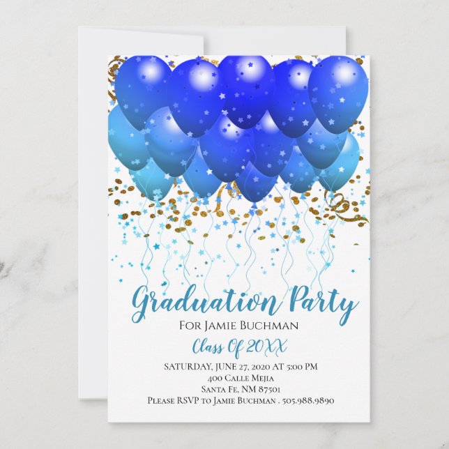 Invitación Partido de Graduación Blue Balloons Gold Confetti  (Anverso)