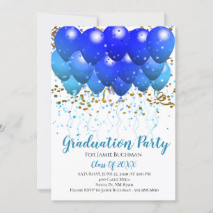 Invitación Partido de Graduación Blue Balloons Gold Confetti 