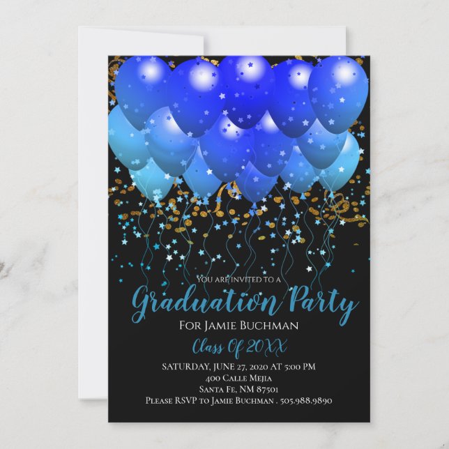 Invitación Partido de Graduación Blue Balloons Gold Confetti  (Anverso)