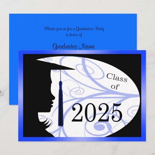 Invitación Partido de Graduación Blue & Black Silhouette 2025 (Anverso / Reverso)