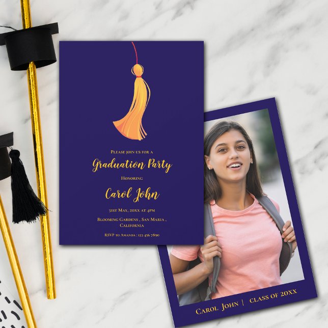 Invitación Partido de Graduación Blue Gold Tassel Cute Photo  (Blue Gold Tassel Cute Photo 2025 Graduation Party Invitation)