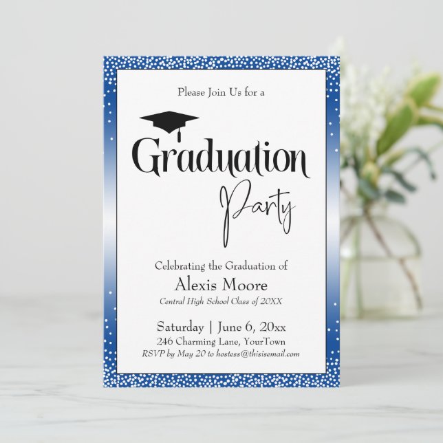 Invitación Partido de Graduación Blue Ombre Confetti (Anverso de pie)