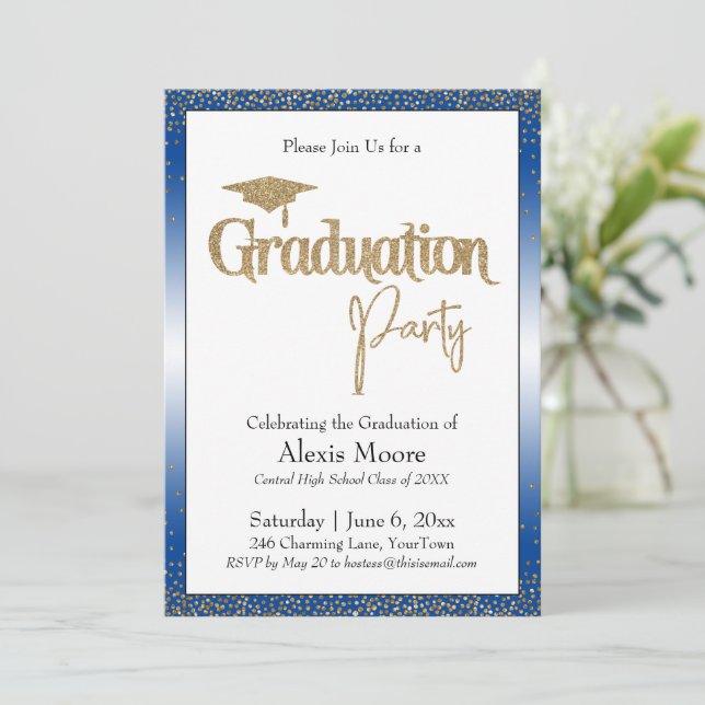 Invitación Partido de Graduación Blue Ombre Gold Confetti (Anverso de pie)