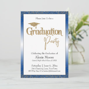 Invitación Partido de Graduación Blue Ombre Gold Confetti