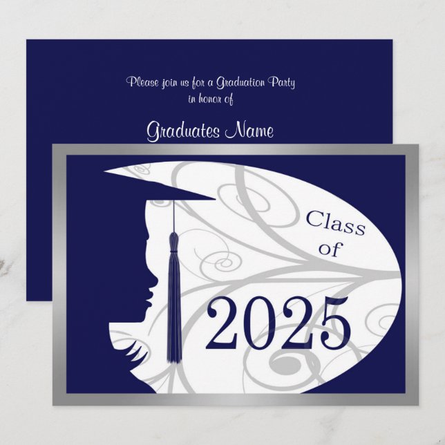 Invitación Partido de Graduación Blue & Silver Silhouette 202 (Anverso / Reverso)