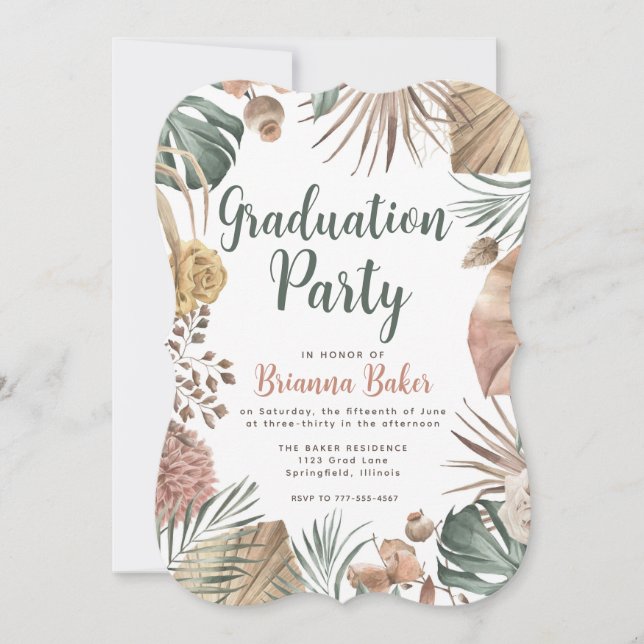 Invitación Partido de Graduación Boho Floral Pampas (Anverso)