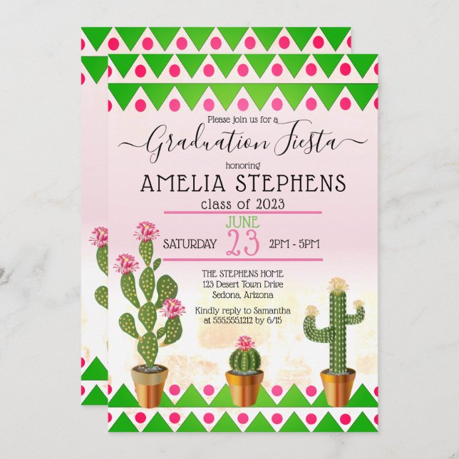 Invitación Partido de Graduación Boho Moda Cactus Fiesta (Anverso / Reverso)