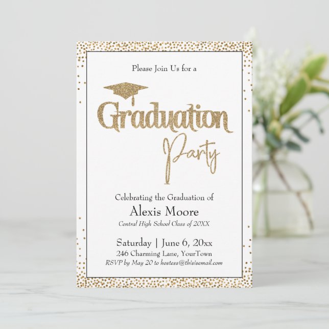 Invitación Partido de Graduación Bordeado de Confetti de Oro (Anverso de pie)