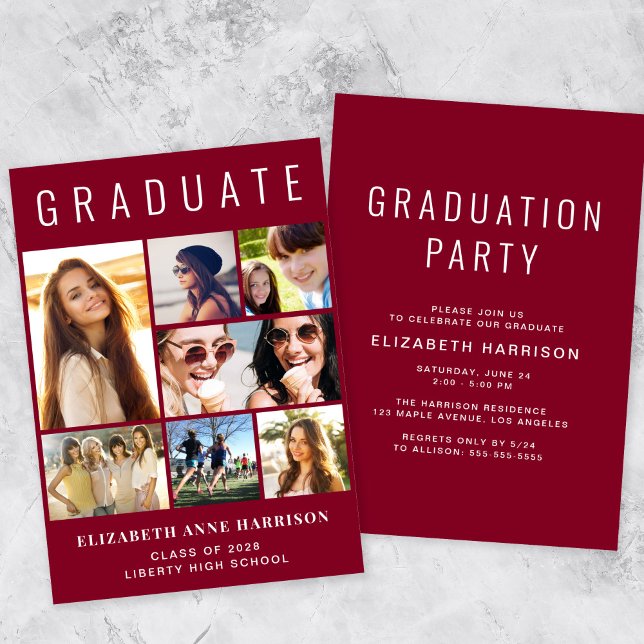 Invitación Partido de Graduación Borgoña de Collage de fotos  (A modern photo collage graduation party invitation to celebrate the graduate's achievements)