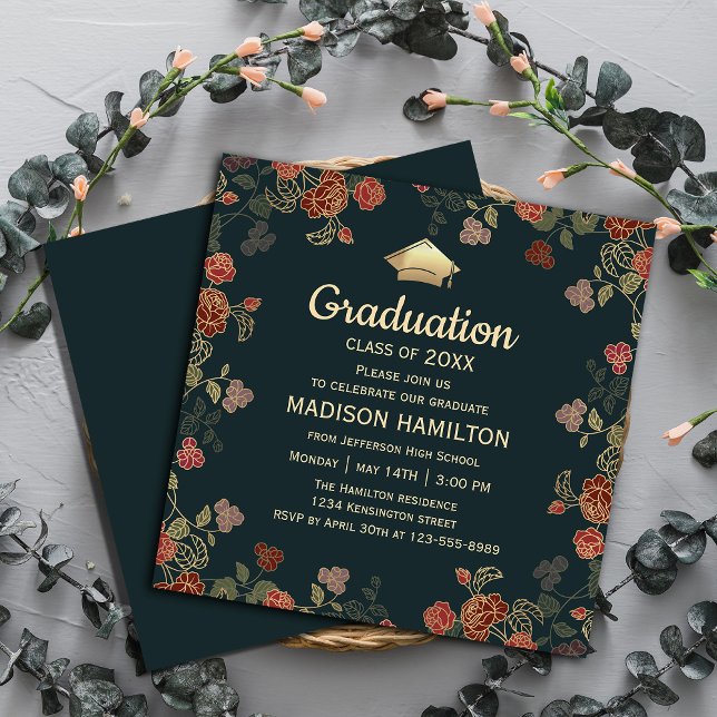 Invitación Partido de Graduación Botánica de Oro y Rojo (Elegant Red and Gold Graduation Party Invitation #graduationinvitation #botanical #graduate#greenery)