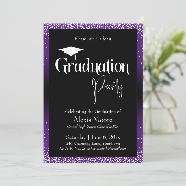 Invitación Partido de Graduación Brillante Morado Ombre Confe (Anverso de pie)