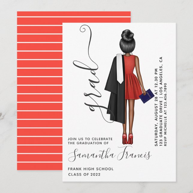 Invitación Partido de Graduación Chica Blanco y Rojo (Anverso / Reverso)