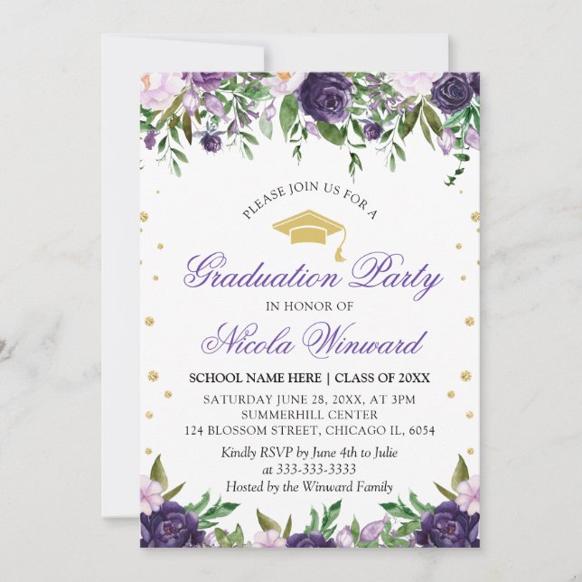 Invitación Partido de Graduación Chica de Flores Púrpura de A (Anverso)
