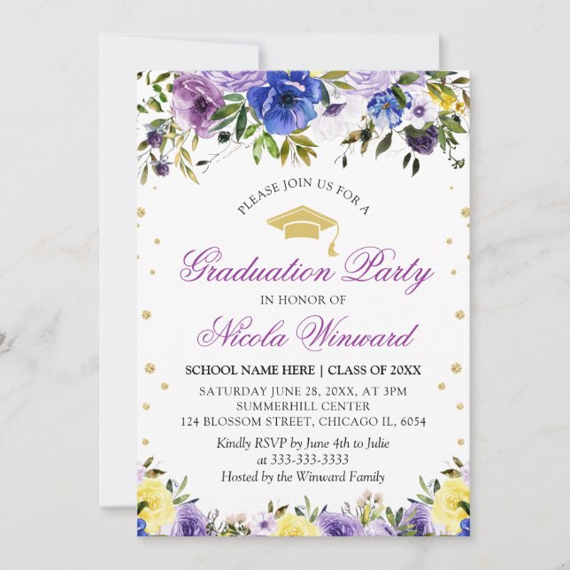 Invitación Partido de Graduación Chica de Flores Púrpura de A (Anverso)