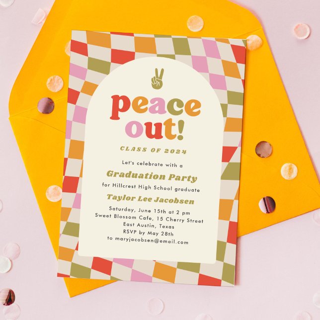 Invitación Partido de Graduación Colorida Retro Groovy (peace out groovy and colourful graduation party invitation)
