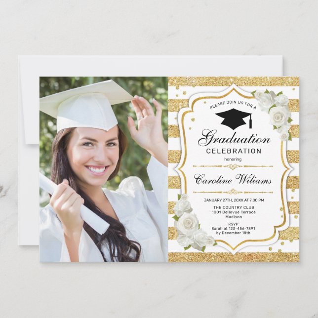 Invitación Partido de Graduación Con Foto - Blanco Oro (Anverso)