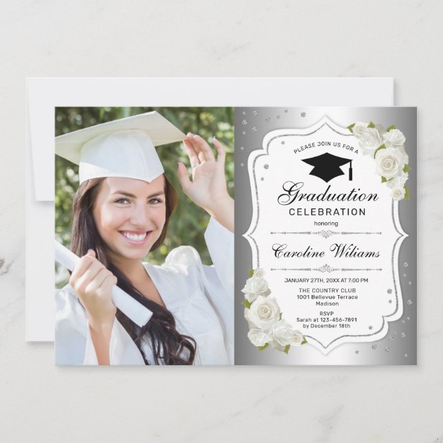 Invitación Partido de Graduación Con Foto - Blanco Plateado (Anverso)