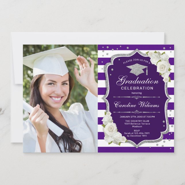 Invitación Partido De Graduación Con Foto - Blanco Púrpura Pl (Anverso)